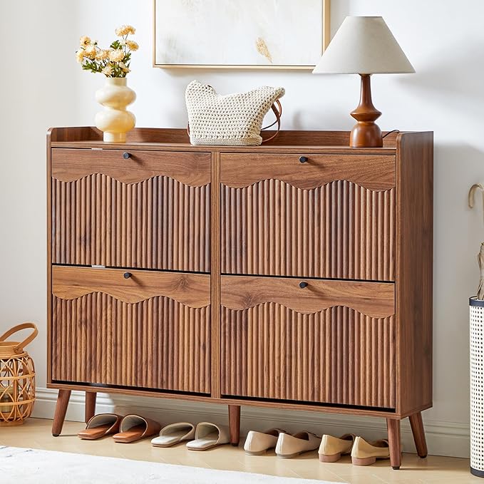 BERRYMERRY 47.2” Shoe Storage Cabinet for Entryway with 4 Flip Drawers, Narrow Shoe Organizer with Wave&Fluted Panel, Freestanding Wood Hidden Shoe Cabinet for Hallway