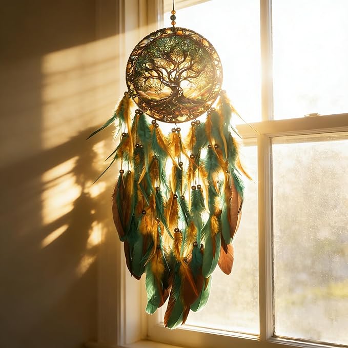 Dream Catcher Wall Hanging Decor for Bedroom Aesthetic, Handmade Traditional Wall Art with Feathers for Living Room, Nursery, Good Vibes Gift for Women,Girls,Home Decoration Wedding Party (Old Tree)