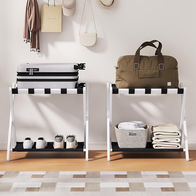 26.77" Full Assembled Luggage Rack for Guest Room, Set of 1 Bamboo Foldable Suitcase Stand, Bedroom & Hotel, Folding Luggage Holder with 5 Nylon Straps, 600D Oxford Fabric Shelf White