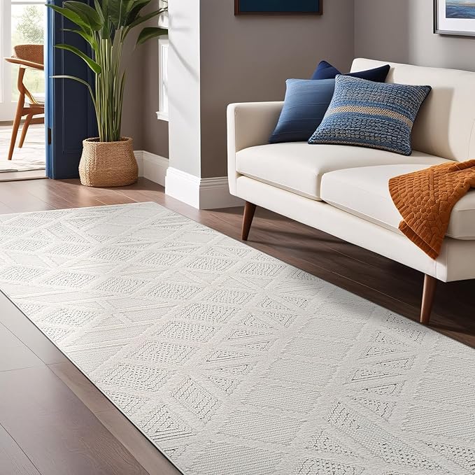 Modern Micro Loop Indoor Runner Rugs for Living Room Bedroom Kitchen Geometric Square White 2x7 Luxury Durable Low and High Pile Non-Shedding Stain Resistant Soft Area Carpet 2 x 7