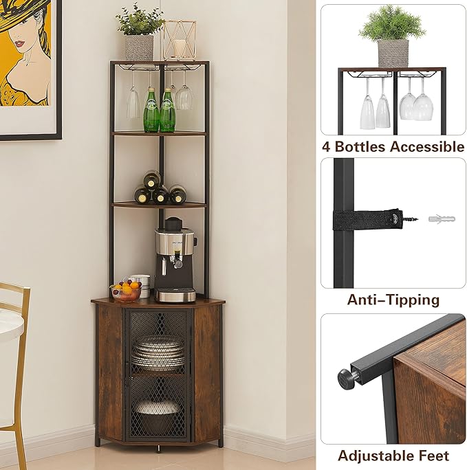 VECELO Corner Cabinet, Tall Storage Shelf, Bookshelf Display Shelves Rack for Living Room, Kitchen, Balcony, Small Space