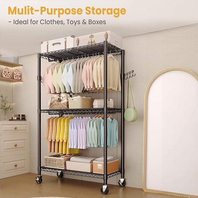 Heavy Duty Rolling Clothes Rack,Load 730LBS Clothing Racks for Hanging Clothes,Free Standing Closet Organizers and Storage Garment Racks with Wheels,2 Rods,Side Hooks,80"H x 45"W x 16"D