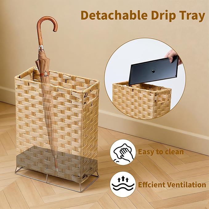 Rattan Umbrella Stand with Built-in Water Reservoir & Hooks, Hand Woven Umbrella Rack Organizer Freestanding - Stable, High-Capacity Organizer for Home and Office - 11.8" L x 5.5" W x 16.5" H