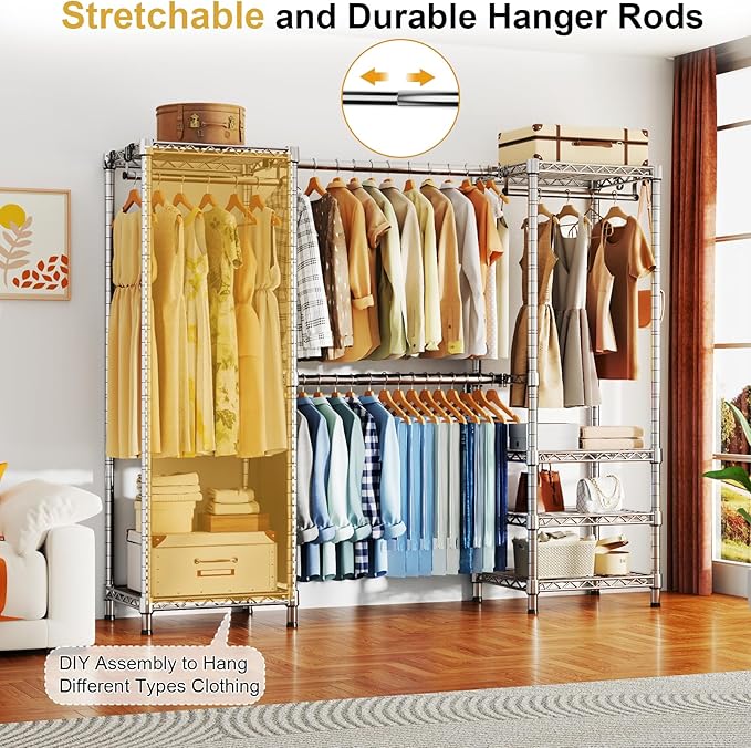 Ulif E7 Garment Rack, Heavy Duty Clothes Storage System with Extendable Hangers Rods, Metal Clothing Rack with 6 Wire Shelves, (52.3"-72") W x 14.5" D x 71.2" H, Load 838lbs, Chrome