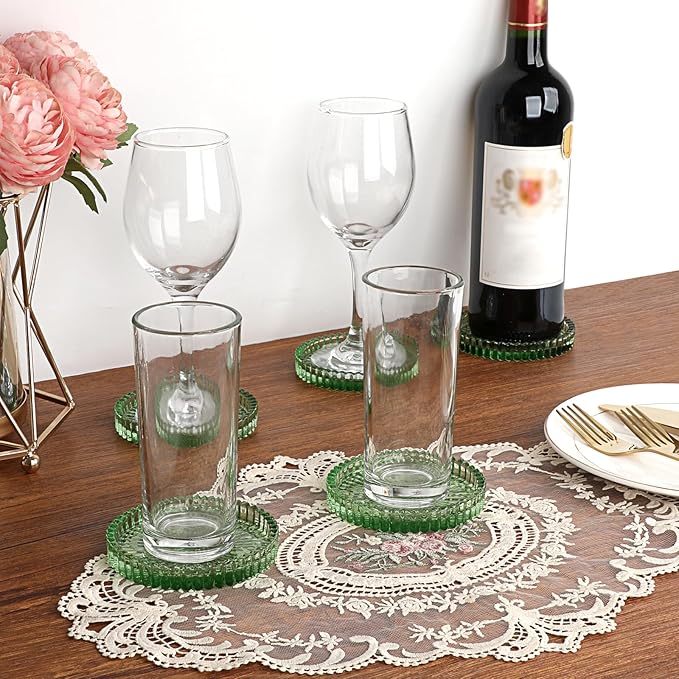 Modern Clear Coaster Set of 5- Glass Coasters for Drinks Crystal Coasters Round Cup Coaster Coffee Table Decor for Office, Kitchen, Bar, Dining Room, Living Room, Patio(Clear Green)