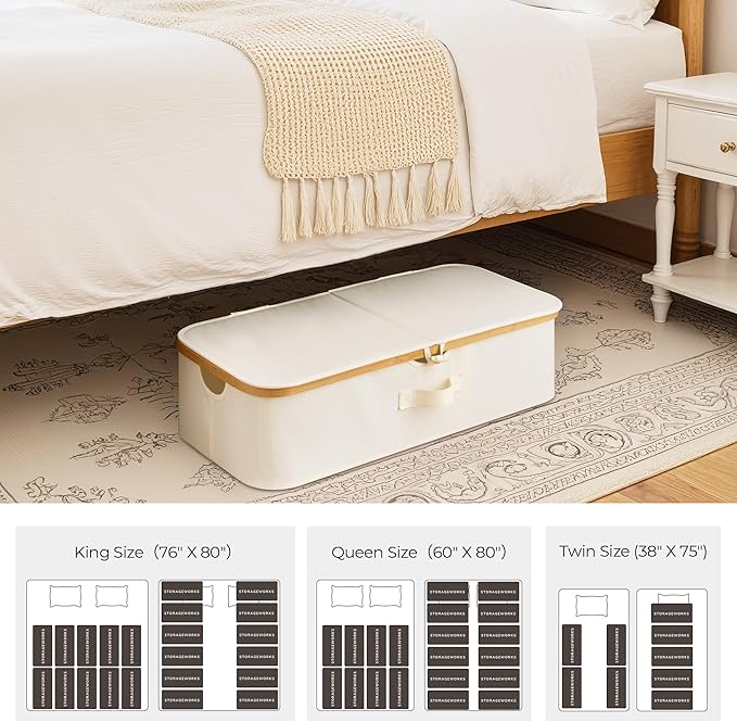 StorageWorks Underbed Storage Box with Bamboo Frame, 42L Flip-Top Under Bed Container for Blankets, Bed Sheets, Coverlets and Towels, Beige
