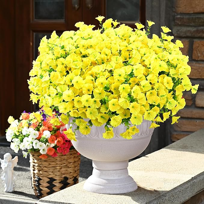 Waipfaru Artificial Flowers for Outdoors, 24 Bundles Faux Plants Outdoor, UV Resistant Artificial Plants, Silk Petunias Fake Flowers for Outside Home Decor Planter Porch Decoration, Yellow