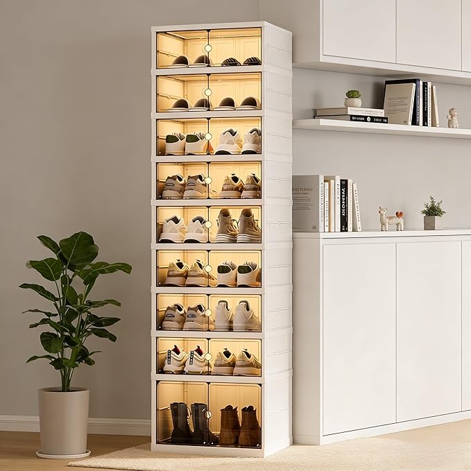 Elayce Foldable Shoe Rack Organizer, 9-Tier (8+1 Tall) Double-Row Shoe Storage Cabinet, Installation-Free Stackable Shoe Boxes with Clear Magnetic Doors for Entryway & Closet (White) (2)