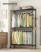 SONGMICS Heavy-Duty Rolling Clothes Rack, Garment Rack, Portable Closet, 43.3-Inch Wide Clothing Rack on Wheels, with Adjustable Mesh Shelves and Hanging Rails, Hooks, Ink Black ULGR414B01