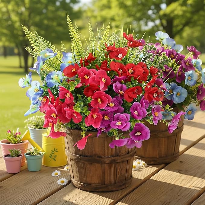 22 Bundles Artificial Flowers for Outdoor Decoration, 4 Styles Faux Plants Decorations with Pansy, Persian Leaves, Grass, Hanging-Bells for Window Box Patio Fireplace Spring Decor