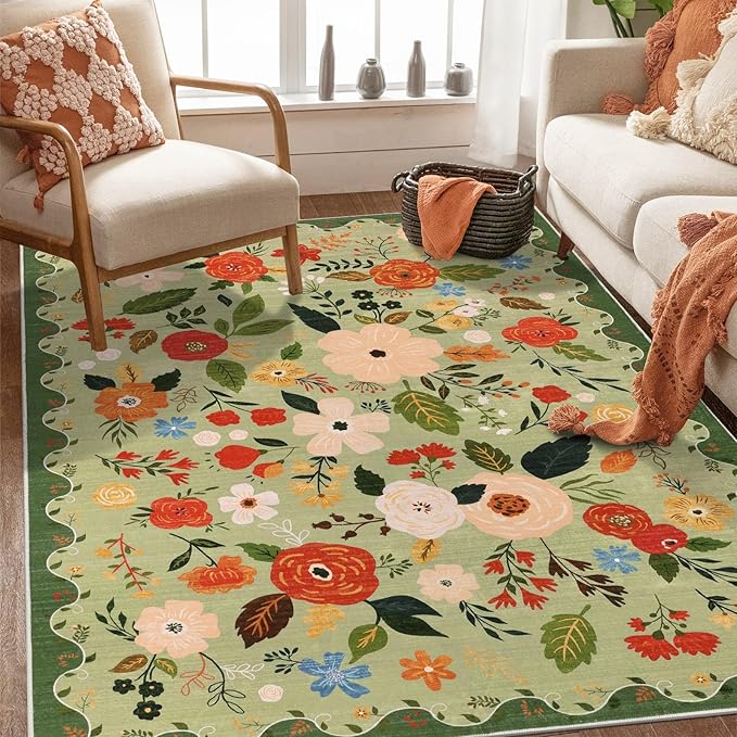 U'Artlines 5x7ft Vintage Floral Area Rug Machine Washable Ultra Soft Low Pile Non Slip Non Shedding Accent Floor Carpet for Living Room, Bedroom, Dining Room, Office (Green)