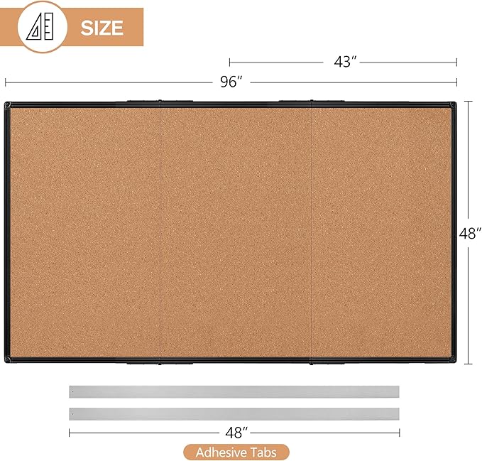 Extra Large Cork Bulletin Board 96" X 48", Foldable Notice Pin Board for Wall, Black Aluminum Framed 8'x4' Corkboard, Wall Mounted Noticeboard with 36 Push Pins for School, Home & Office