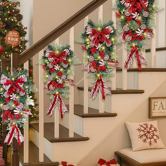 Yunlly 28" Pre Lit Christmas Teardrop Swag Battery Operated Christmas Swag with Lights, Red and White Bowknot, Swirl Candy Cane Ball, Xmas Wreath Ornament for Indoor Outdoor Front Door Decoration