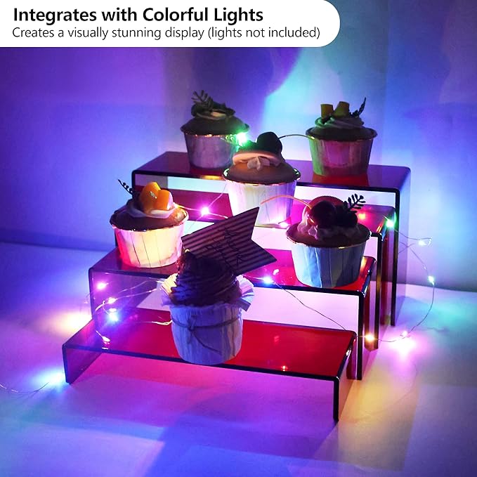 ELEGANTLIFE Acrylic Display Risers Set of 4, 4-Level Tiered Display Stands for Cupcakes, Small Figures & Jewelry, Compact Countertop Display Shelf, Multiple Colors Available (Translucent Red)