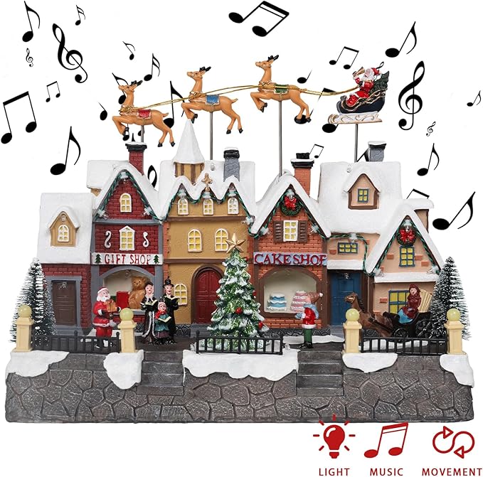 MUMTOP Christmas Village House with Flying Reindeer, Light Up Animated Town Building with Santa Sleigh for Indoor Holiday Xmas Tabletop Decor