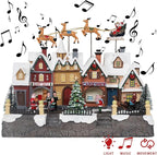 MUMTOP Christmas Village House with Flying Reindeer, Light Up Animated Town Building with Santa Sleigh for Indoor Holiday Xmas Tabletop Decor