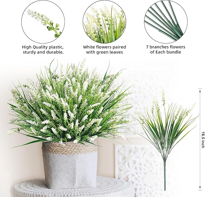 Ivydale Artificial Plants Fake Flowers Monkey Grass for Outdoors,UV Resistant Realistic 20PCS White Faux Greenery Shrubs Outside Decor for Home Garland Porch Patio Balcony Planter Yard Office Pathway