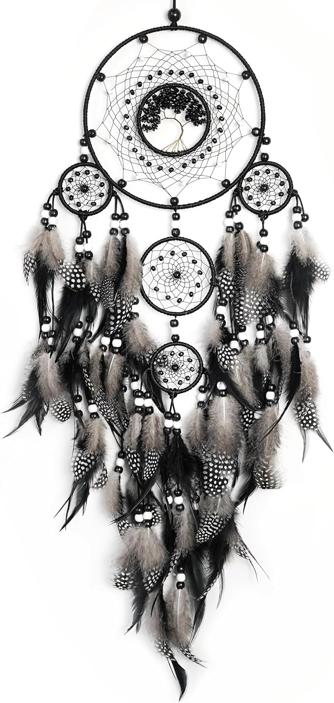 Dream Catchers,Large Dream Catchers for Bedroom Adult Black Boho Dream Catcher Tree of Life Wall Decor with Natural Healing Crystal Stone Hanging Ornament Teen Dorm Room Decor Festival Gift