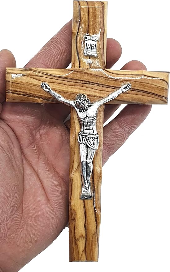 Zuluf 6.3" Olive Wood Catholic Cross with Silver Plated Crucifix Christian Gift from Holy Land Bethlehem CRS065