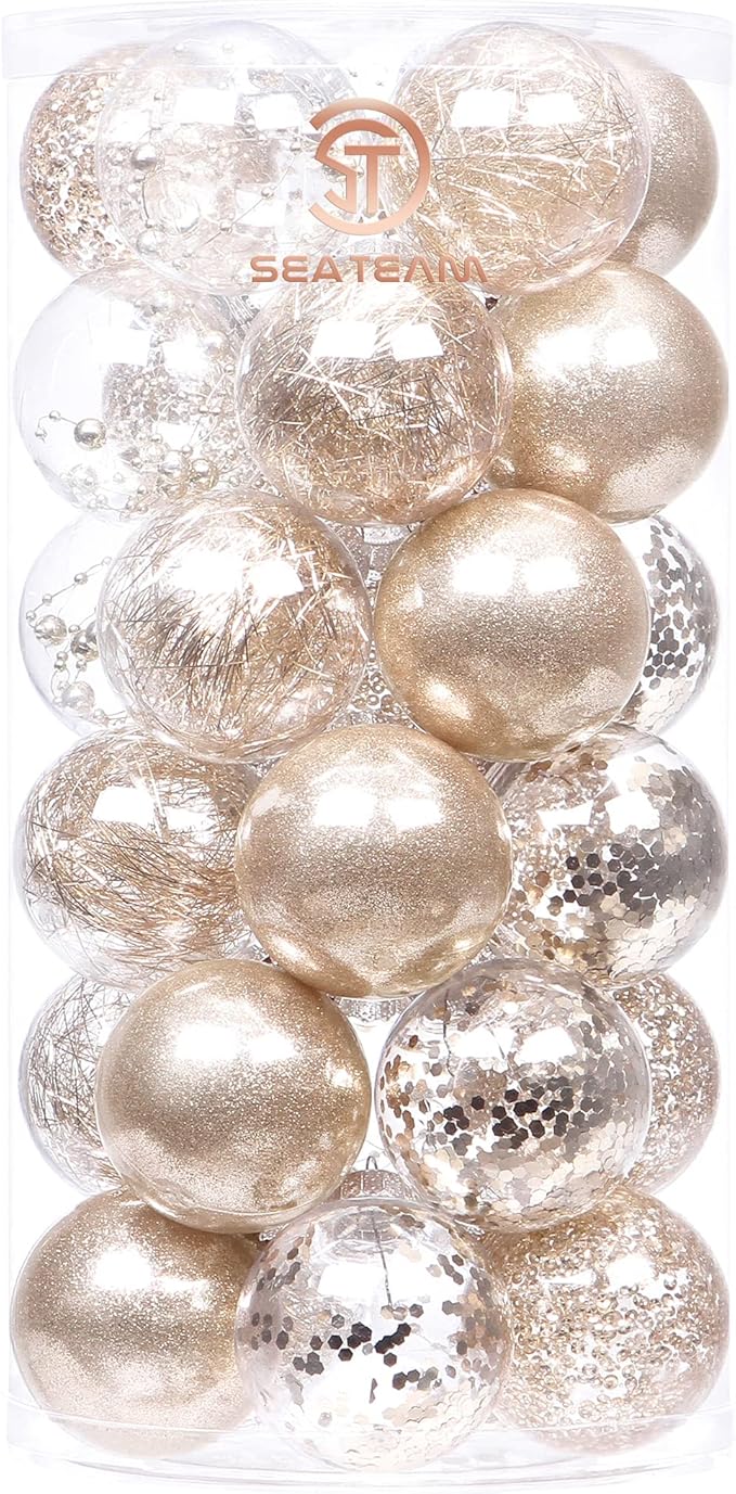Sea Team 60mm/2.36" Shatterproof Clear Plastic Christmas Tree Ball Ornaments Set, Decorative Hanging Transparent Xmas Baubles with Stuffed Delicate Decorations (30 Counts , Champagne)
