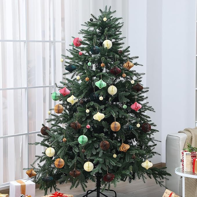 TecUnite 50 Pcs Christmas Paper Honeycomb Ornaments for Tree Vintage 3D Mini Glitter Edge Paper Christmas Ornament Honeycomb Tree Hanging Neutral Boho Holiday Xmas Party Decoration(Boho)