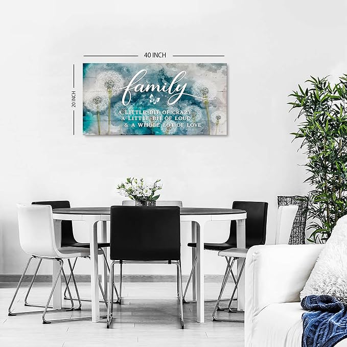Family Wall Decor Teal Kitchen Wall Art Farmhouse Inspirational Quotes Canvas Prints A Little Bit of Crazy Loud Love Large Dandelion Family Signs for Home Decor Wall Living Dining Room Bedroom 20x40"