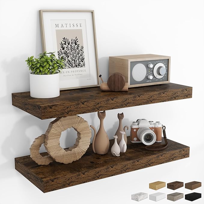 RICHFOCUS 28Inch Floating Shelves for Wall 2 Pack Shelves for Bedroom|Kitchen|Bathroom|Laundry Room Rustic Wood Wall Mounted Shelf with Invisible Brackets for Books|Storage|Decor, Rustic Brown