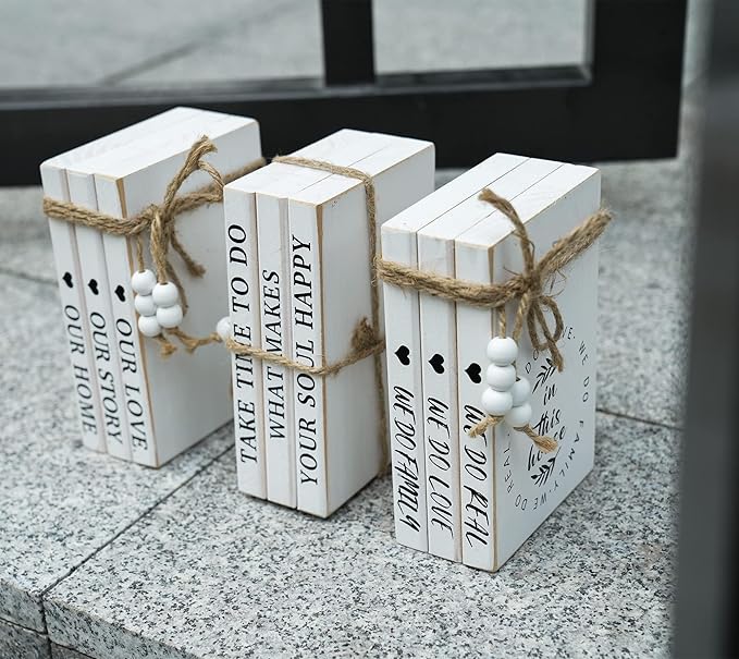 3 Pieces Wooden Decorative White Books, Rustic Farmhouse Faux Books for Coffee Table Shelves with Wood Bead Tassels and Leaves, 7'x 4.6'x 2.5' (Please, Seat, Yourself)