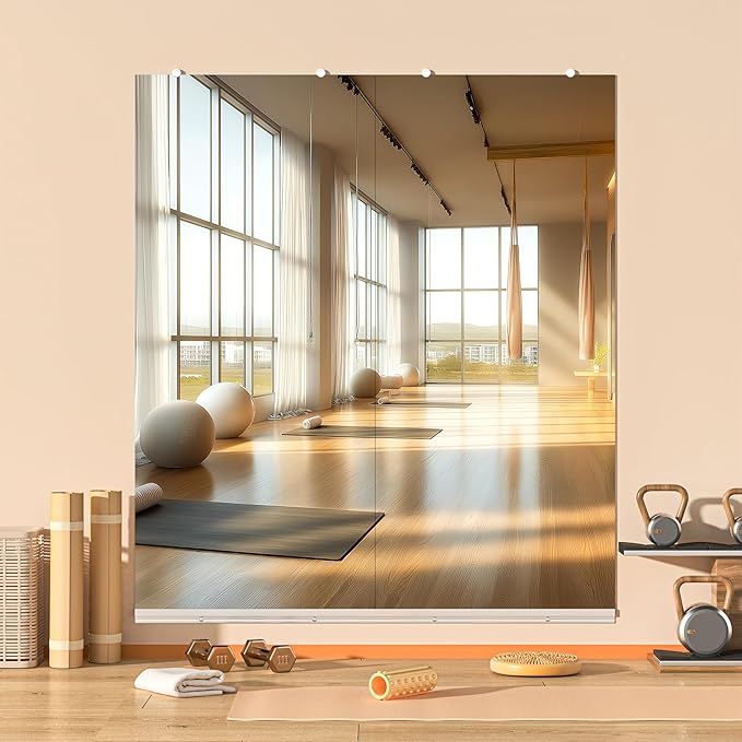 Hasipu Home Gym Mirror, 71"x32" Each, 2-Pack Frameless Wall Mounted Mirrors with Glass Clamps & 2 Aluminum Rail, Large Body Mirror for Home Gym, Yoga Studio, Bedroom, Silver Tempered Glass
