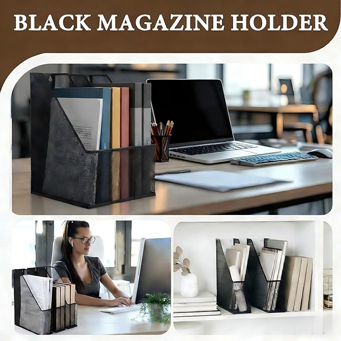 Sliner 2 Pack Metal Magazine Holder Black Mesh Steel Document Rack 1 Section File Organizer Extra Wide Magazine Folder Storage Desk Tidy for Office Home, 12.6”x 9.8”x 3”
