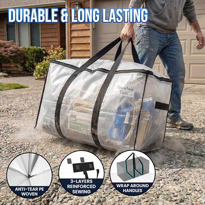 TAILI Extra Large Moving Bags, 2 Pack Clear Heavy Duty Totes For Storage with Visible Window, Wrap Around Handles, Storage Bags for Space Saving, Alternative to Moving Boxes