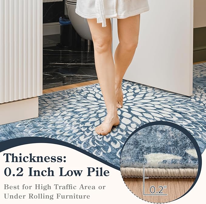 Dahlia Blue Washable Area Rugs 8x10, Low Pile Floral Bedroom Rug 8x10 Under Bed, Boho Soft Large Rug for Living Room, Non Slip Floor Carpet for Dining Room Office,Blue