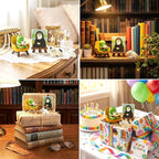 RAQWI Cute Frog Reading on Yellow Sofa Figurine with Cat Painting & Kitten Statue, Mini Resin Animal Set for Office Desk, Bookshelf Decor, Gift for Book & Cat Lovers