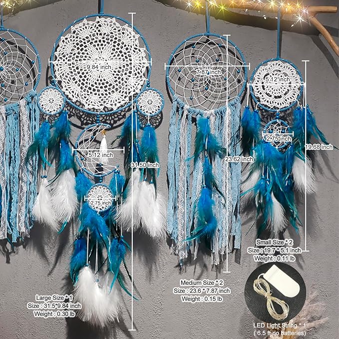 5 Pack Blue Dream Catchers for Bedroom Adult Large Boho Dreamcatcher Wall Hanging Decor with Feather Tassels Handmade Indian Art Decoration Home Ornament for Women Girls
