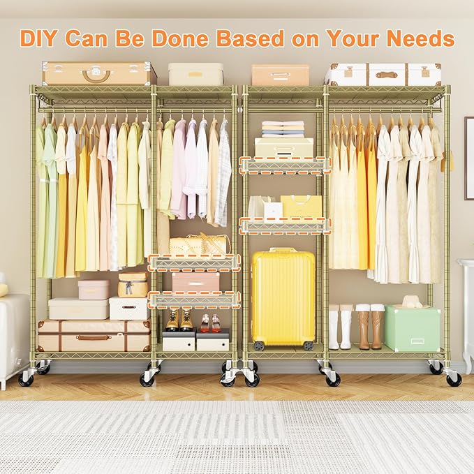 Ulif F4R Heavy Duty Clothes Rack(With Lockable Wheels )Rolling Clothing Racks for Hanging Clothes，Adjustable Closet Organizer System，Portable Garment Rack 45"W x 15.8"D x 73.5"H，Max Load 650LBS,Gold