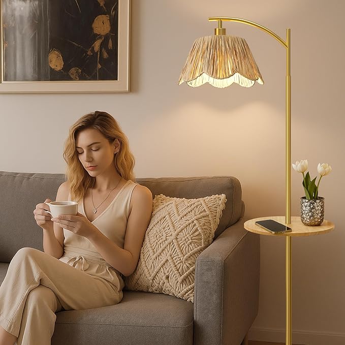 Oneach Floor Lamp with Table for Bedroom, Boho Standing Lamps with Foot Switch, Farmhouse Floor Lamp for Living Room, Arc Rattan Lamps with Gold Metal Base & Pole, Ideal for Home Décor