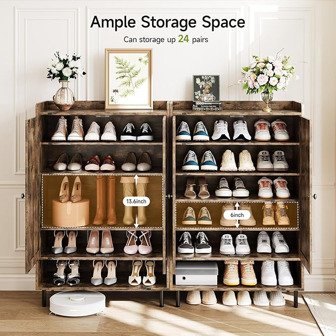 Brown 7+1 Tier Farmhouse Shoe Storage Cabinet - 45" Tall Entryway Organizer with Cross Molding Doors, 3 Adjustable Shelves & Metal Legs, Shoe Rack for Front Door Entrance