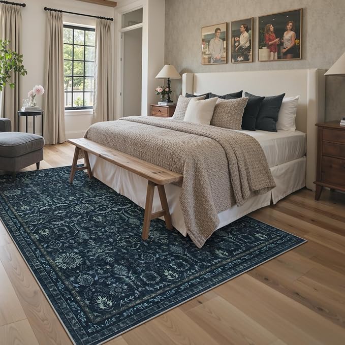 Lahome Navy Blue Boho Area Rugs 5x7,Washable Rugs for Bedroom,Dark Academia Vintage Carpet for Office,Rubber Backed Living Room Carpets for Dorm Dining Room Apartment