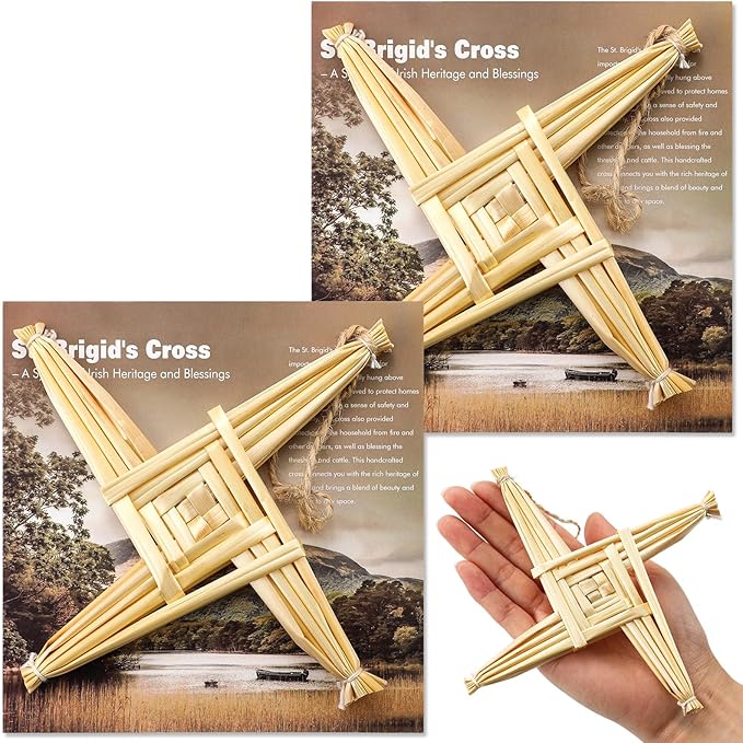 Kathfly 2 Pcs St. Brigid's Wall Cross and Card Irish Gift Saint Brigid's Cross History Card Irish Blessing Gift Ireland Hanging Wall Traditional Decor for Celtic Imbolc Home(6 in,Classic,Straw Color)