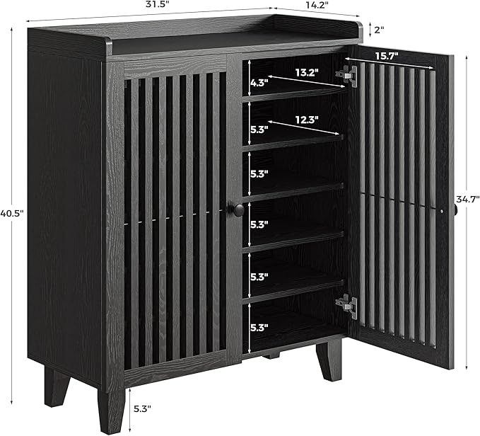 IRONCK Shoe Cabinet with Slatted Doors, 6-Tier Shoe Storage Cabinet with Adjustable Shelves, Wooden Shoe Rack Organizer for Entryway, Hallway, Closet, Living Room, Black