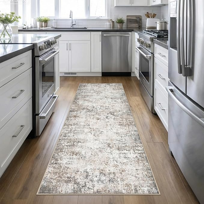 Washable Area Rug 3x10 Entryway Rug: Washable Modern Abstract Soft Thin Rug Indoor Floor No Slip Carpet for Bedroom Dining Room Farmhouse Nursery Home Office - Brown Grey