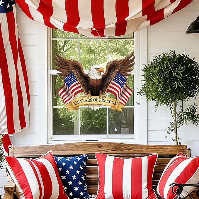 250 Anniversary 4th of July Decoration Door Wreath for Front Door Sign Patriotic Eagle Wall Signs 250 Years of Freedom 1776-2026,Independence Day Patriotic Day Wreath Memorial Day Hanging for Home