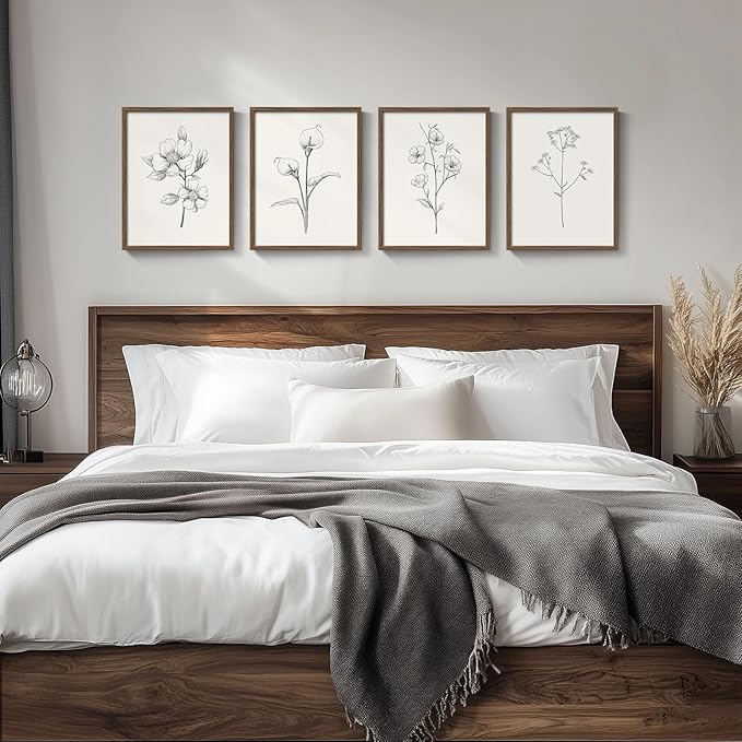 Vintage Floral Wall Art with Walnut Framed, 4 Piece Farmhouse Black and White Botanical Canvas Prints Painting, Rustic Minimalist Flower Pictures for Bedroom Kitchen Bathroom Living Room Home Decor