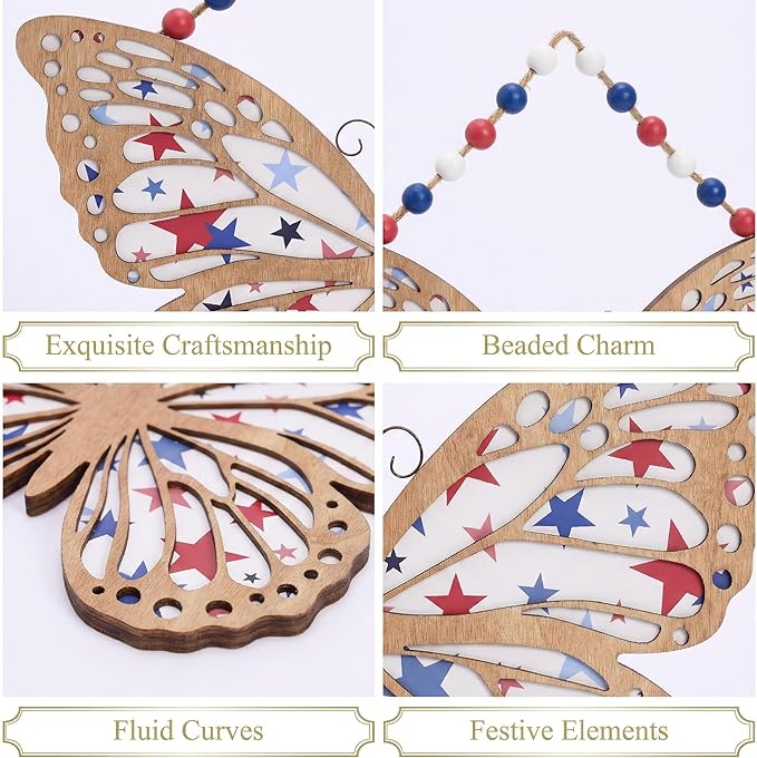 Valery Madelyn 4th of July Wreath, Patriotic Wreath for Front Door, Red White and Blue Butterfly Decor, Wooden Americana Sign for 4th of July Independence Day USA 250th Anniversary, 12 Inch