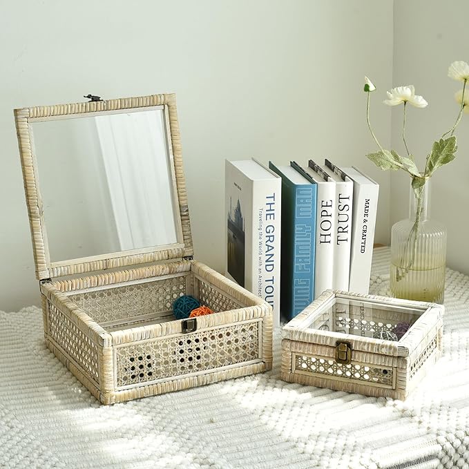 DECOR4SEASON Rattan and Cane Square Stacking Boxes with Glass Top Lid - Set of 2 for Boho, and Rustic Farmhouse Décor, White Wash