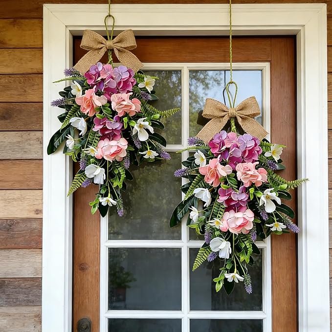 2 Pack 22'' Summer Tropical Swag Wreaths for Cabinets Artificial Hibiscus Flowers Teardrop Wreath with Palm Leaf and Fern Fronds Floral Wreath Hanger for Farmhouse Front Door Porch Window Wall Hanging