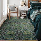 Lessymo Floral Living Room Rug 5x7 Area Rug, Vintage Forest Washable Rugs for Dining Room, Bedroom, Low Pile Non Slip Rubber Green Mat, Vintage Distressed Boho Flower Print, Forest Green