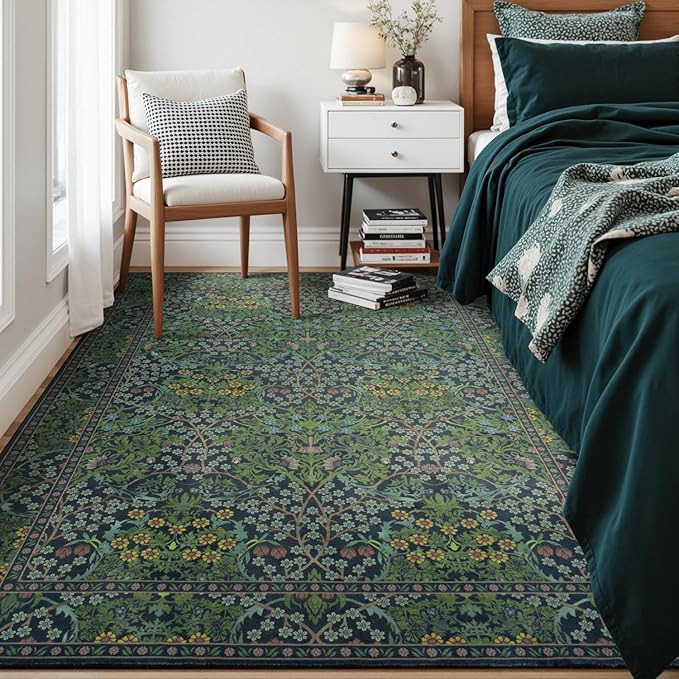 Lessymo Floral Living Room Rug 5x7 Area Rug, Vintage Forest Washable Rugs for Dining Room, Bedroom, Low Pile Non Slip Rubber Green Mat, Vintage Distressed Boho Flower Print, Forest Green