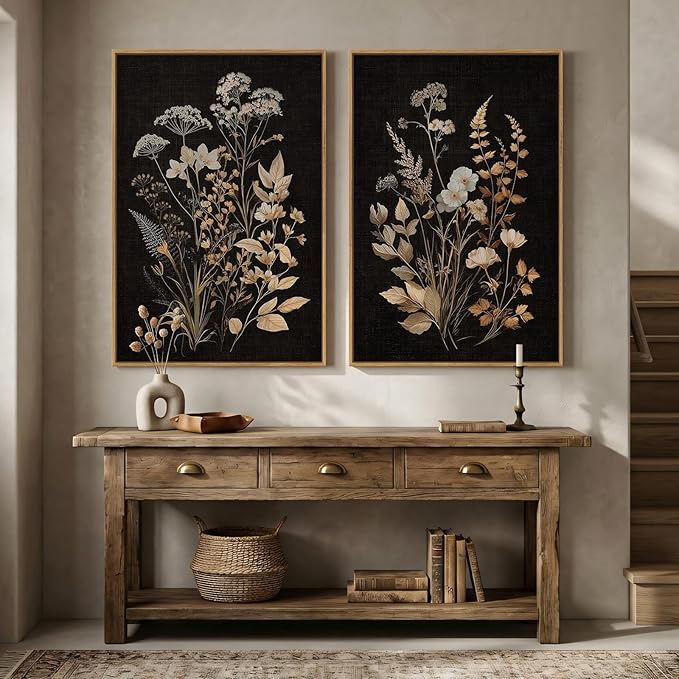 Large Framed Vintage Botanical Wall Art Set of 2, Neutral Farmhouse Moody Floral Canvas Painting Prints, Rustic Dark Academia Flower Pictures for Living Room Bedroom Kitchen Wall Decor, 24x36 Inch