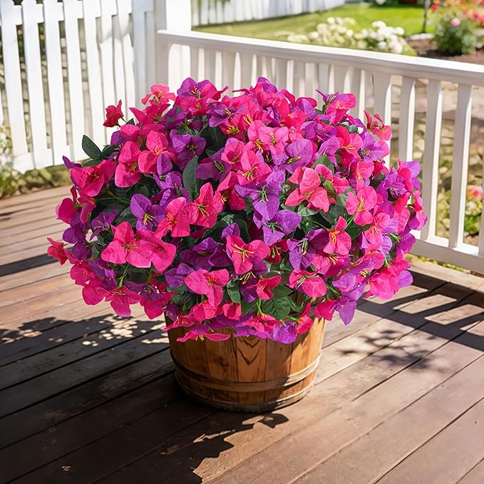Faux Bougainvillea Artificial Plants Flowers for Outdoors Spring Outside Decor, 4 Bundles Red Fake Bougainvillea Silk Outdoor Flowers UV Resistant Look Real for Porch Patio Window Planter Garden Home